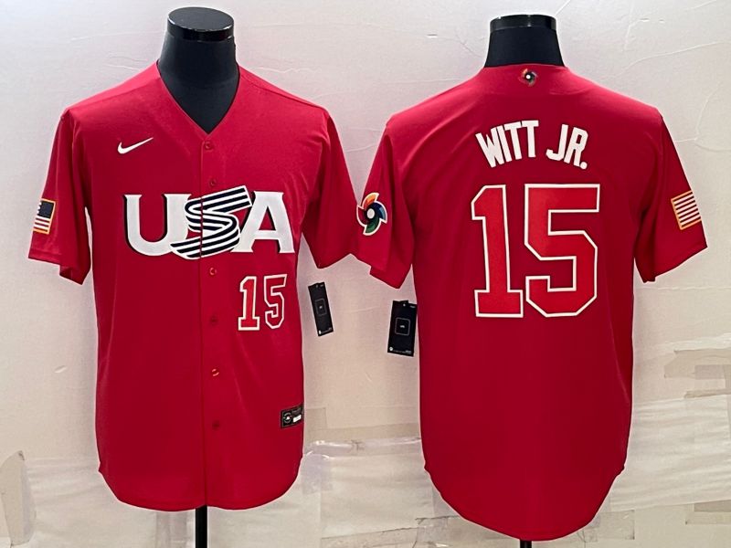 Men 2023 World Cub USA 15 Witt jr Red Nike MLB Jersey2